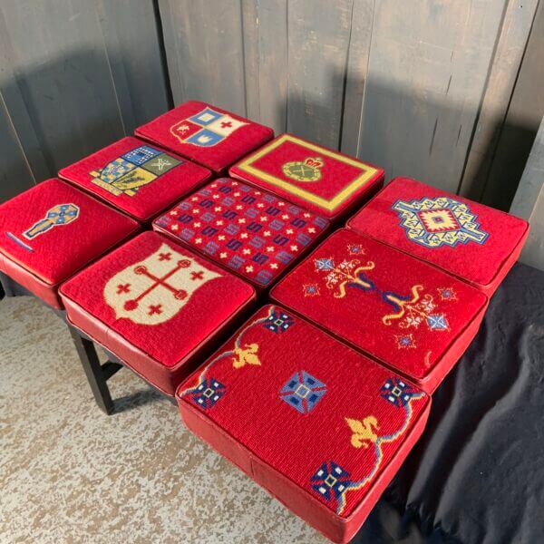 Beautiful Group of Nine Red Hand Embroidered Church Kneelers Hassocks Cushions from Holy Trinity Church Redhill