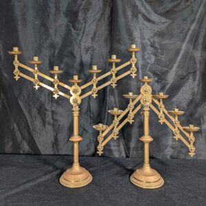 Full Size Complete Pair of Antique Brass Seven Branch Benediction Candelabra