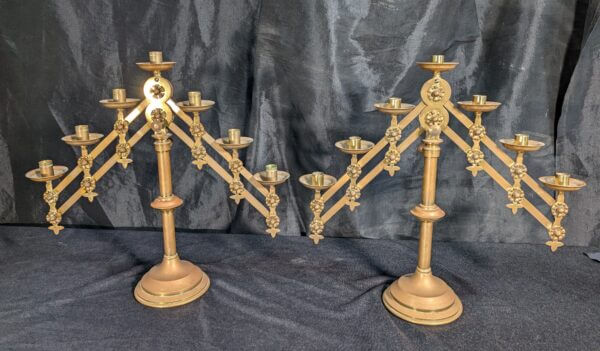 Full Size Complete Pair of Antique Brass Seven Branch Benediction Candelabra