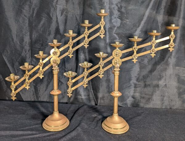 Full Size Complete Pair of Antique Brass Seven Branch Benediction Candelabra