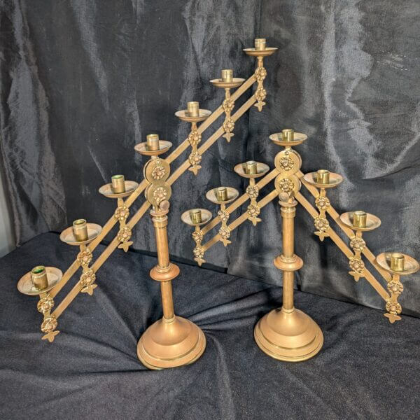 Full Size Complete Pair of Antique Brass Seven Branch Benediction Candelabra