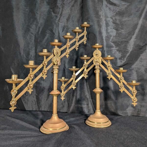 Full Size Complete Pair of Antique Brass Seven Branch Benediction Candelabra