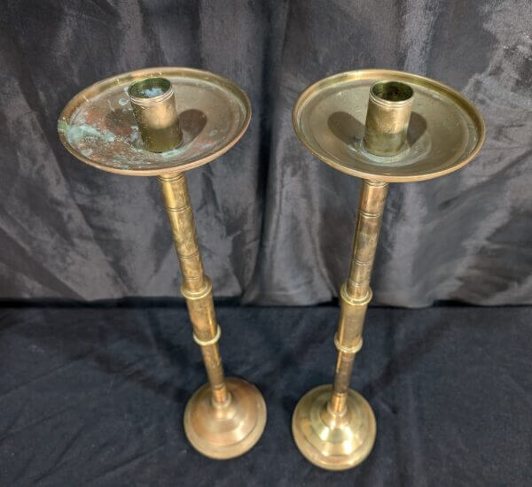 Pair of Medium to Tall Antique Brass Altar Candlesticks from St Albans RC, Derby