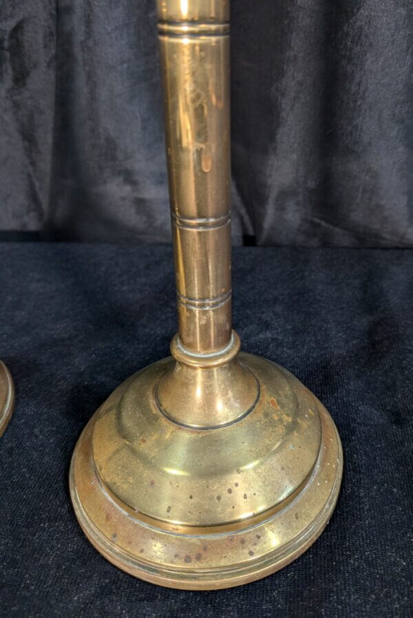 Pair of Medium to Tall Antique Brass Altar Candlesticks from St Albans RC, Derby