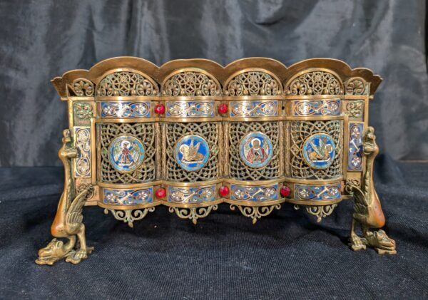 A Fantastic 19th Century Brass and Enamelled Table Lectern with Cloisonne Medallions and Griffins