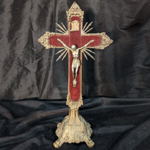 Unusual Bronze and Metal Antique French Crucifix with Cloth Backing