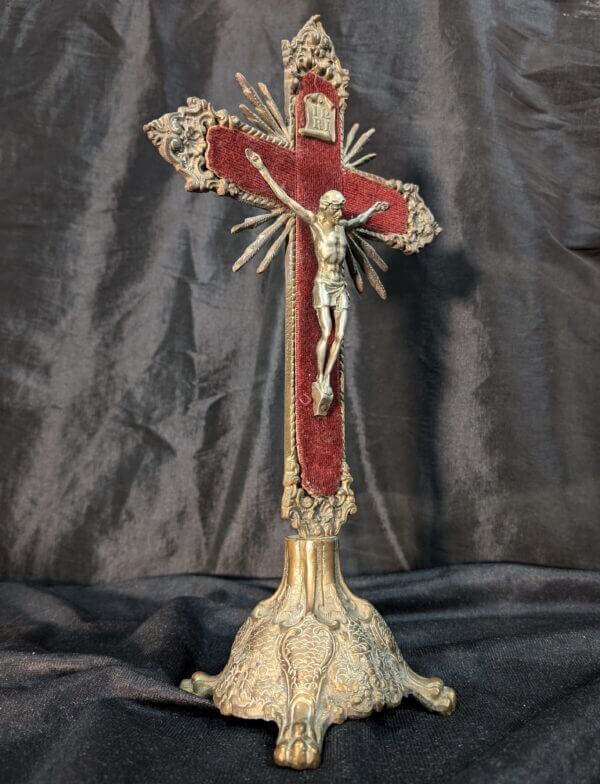 Unusual Bronze and Metal Antique French Crucifix with Cloth Backing