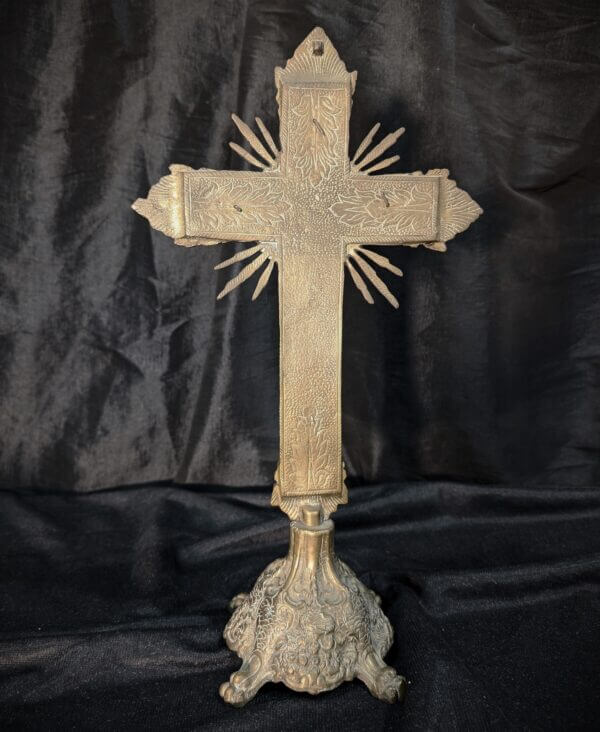 Unusual Bronze and Metal Antique French Crucifix with Cloth Backing