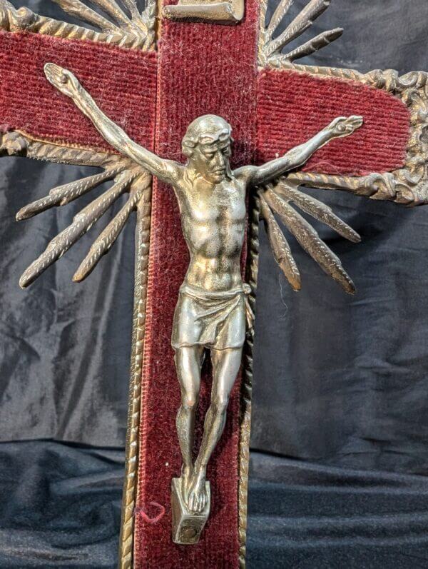 Unusual Bronze and Metal Antique French Crucifix with Cloth Backing