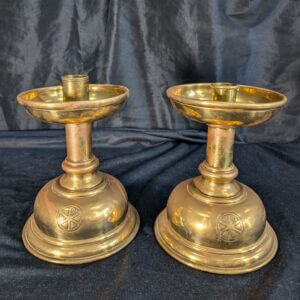 Antique 'PAX' Short & Stubby Brass Church Altar Candlesticks from St Alban's Derby