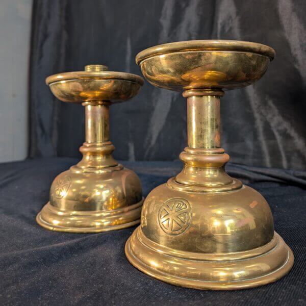 Antique 'PAX' Short & Stubby Brass Church Altar Candlesticks from St Alban's Derby