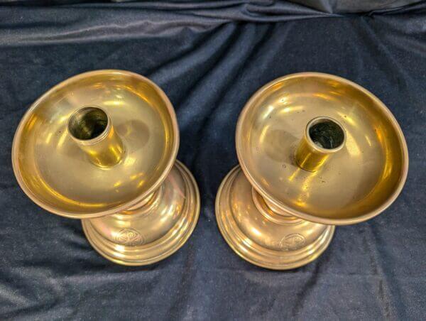 Antique 'PAX' Short & Stubby Brass Church Altar Candlesticks from St Alban's Derby