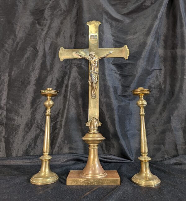 Heavy Vintage Brass Church Crucifix & Candlestick Set from St Alban's RC Derby