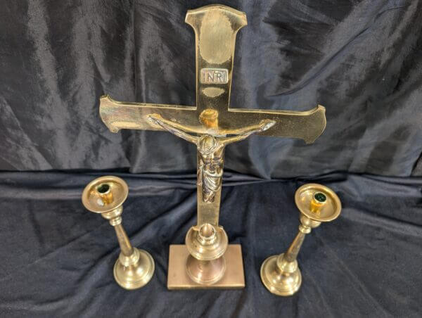 Heavy Vintage Brass Church Crucifix & Candlestick Set from St Alban's RC Derby