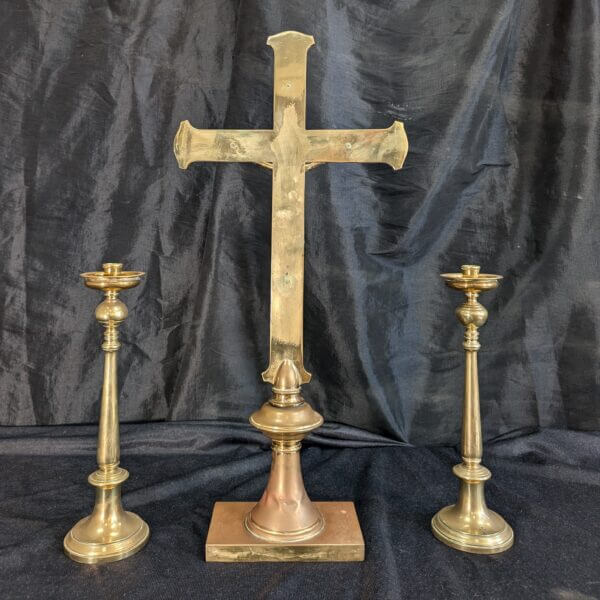 Heavy Vintage Brass Church Crucifix & Candlestick Set from St Alban's RC Derby