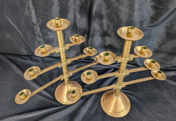 Unusual Post Modern 1950's Vintage Fully Demountable Pair of Brass Seven Light Benediction Candelabra