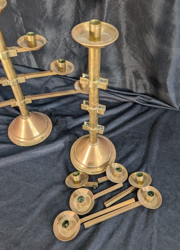 Unusual Post Modern 1950's Vintage Fully Demountable Pair of Brass Seven Light Benediction Candelabra