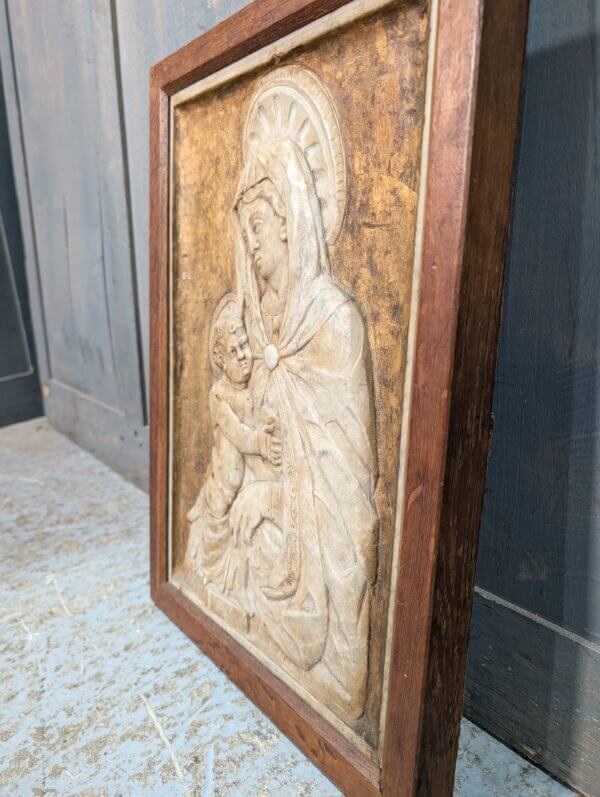 Late 19th Century Carved Alabaster Relief of Madonna & Child in Oak Frame