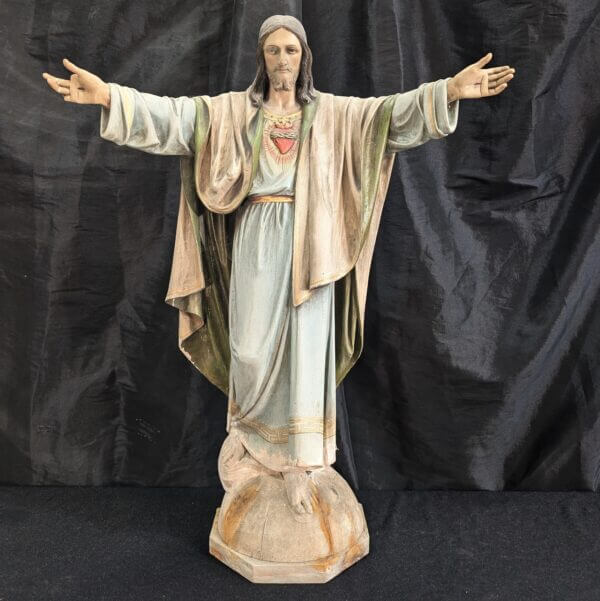 Very Fine Antique Carved & Painted Wooden Religious Statue of Christ the Redeemer Sacred Heart