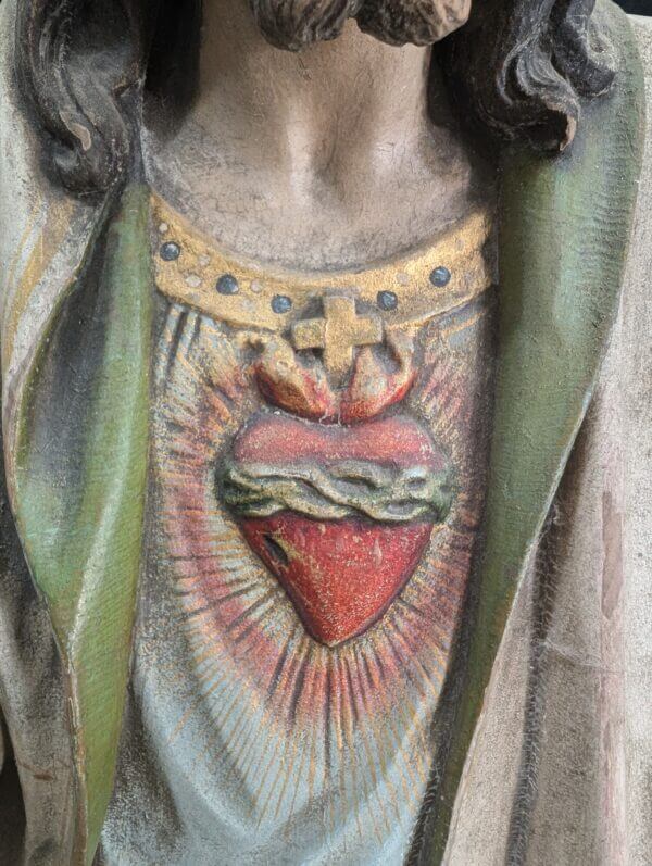 Very Fine Antique Carved & Painted Wooden Religious Statue of Christ the Redeemer Sacred Heart