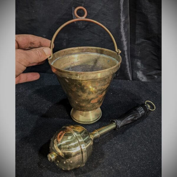 Vintage Brass Holy Water Vat Pail With Modern Aspergilium Shaker