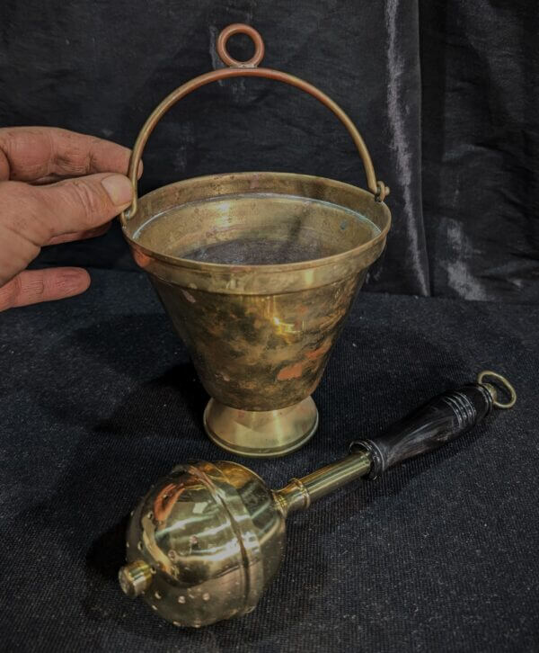 Vintage Brass Holy Water Vat Pail With Modern Aspergilium Shaker