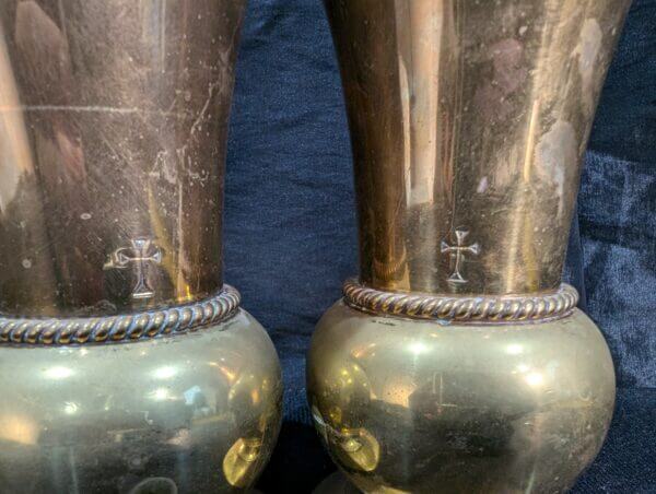 Quality Antique Heavy Brass Smaller Size Church Flower Vases with Crosses