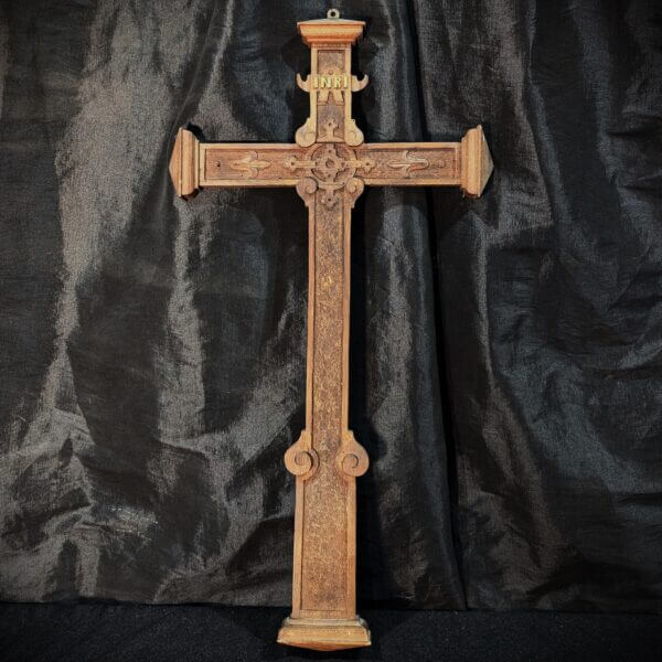 Unusual Antique Carved Soft wood French Cross with INRI