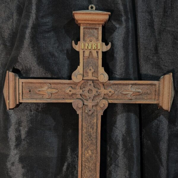 Unusual Antique Carved Soft wood French Cross with INRI