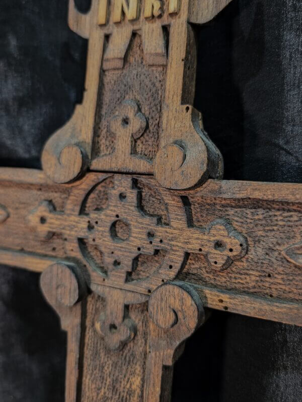 Unusual Antique Carved Soft wood French Cross with INRI