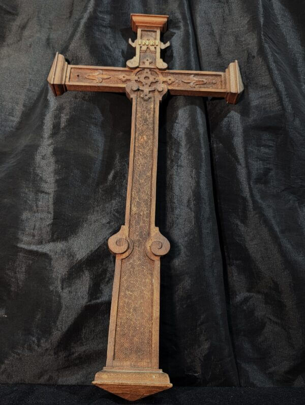 Unusual Antique Carved Soft wood French Cross with INRI