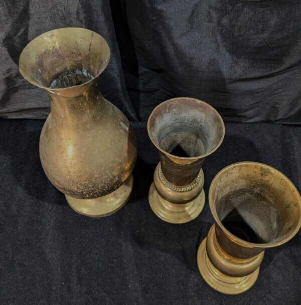 Three Assorted Brass Vintage Church Flower Vases