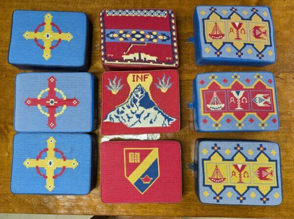 Beautiful Group of Nine Blue & Red Hand Embroidered Church Kneelers Hassocks Cushions from Holy Trinity Church Redhill