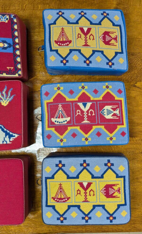 Beautiful Group of Nine Blue & Red Hand Embroidered Church Kneelers Hassocks Cushions from Holy Trinity Church Redhill