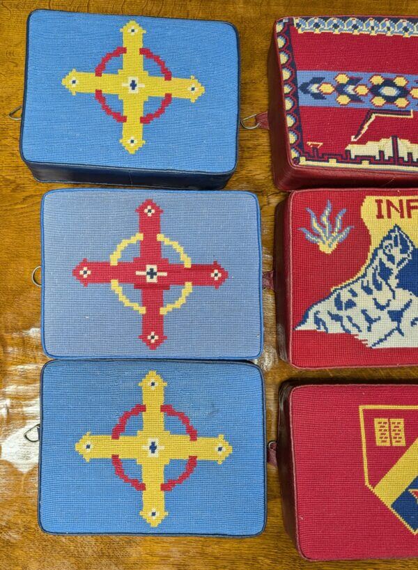 Beautiful Group of Nine Blue & Red Hand Embroidered Church Kneelers Hassocks Cushions from Holy Trinity Church Redhill