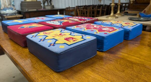 Beautiful Group of Nine Blue & Red Hand Embroidered Church Kneelers Hassocks Cushions from Holy Trinity Church Redhill