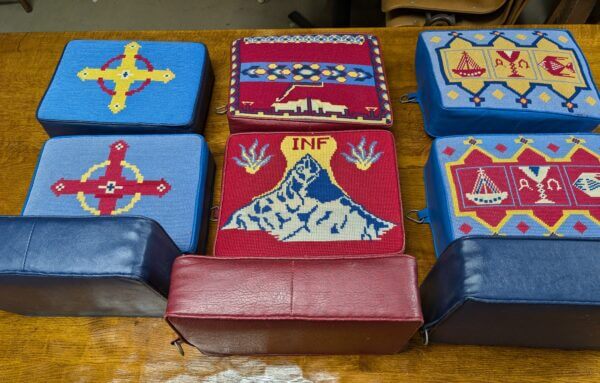 Beautiful Group of Nine Blue & Red Hand Embroidered Church Kneelers Hassocks Cushions from Holy Trinity Church Redhill