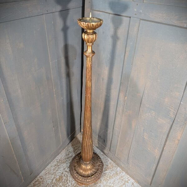 1930's Vintage Italian Carved Tall Wooden Pricket Paschal Candlestand Candlestick in faded Gold Paint