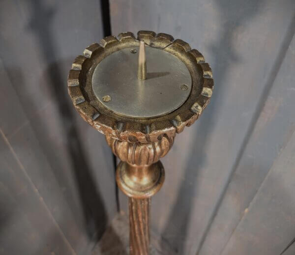 1930's Vintage Italian Carved Tall Wooden Pricket Paschal Candlestand Candlestick in faded Gold Paint