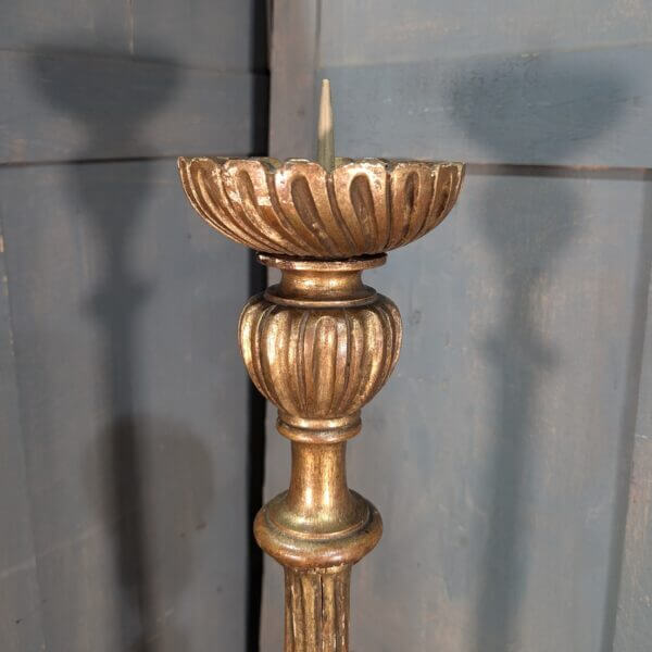 1930's Vintage Italian Carved Tall Wooden Pricket Paschal Candlestand Candlestick in faded Gold Paint