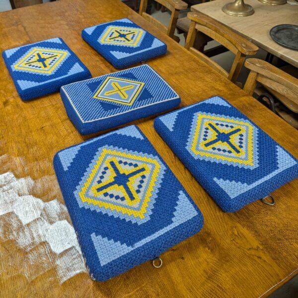 Five Embroidered Blue Yellow & Grey Cross Motif Church Kneelers Hassocks Cushions