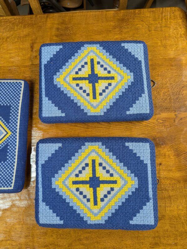 Five Embroidered Blue Yellow & Grey Cross Motif Church Kneelers Hassocks Cushions