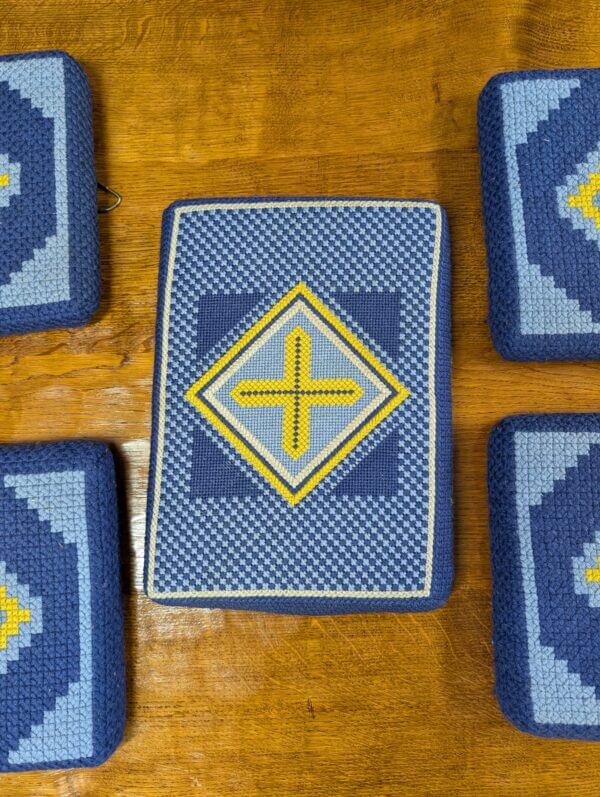 Five Embroidered Blue Yellow & Grey Cross Motif Church Kneelers Hassocks Cushions