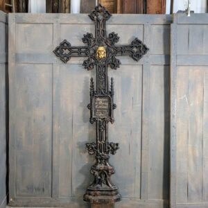 Extremely Large 2.1 Meter High Belgian 19th Century Cast Iron Cross Crucifix with Name Plate