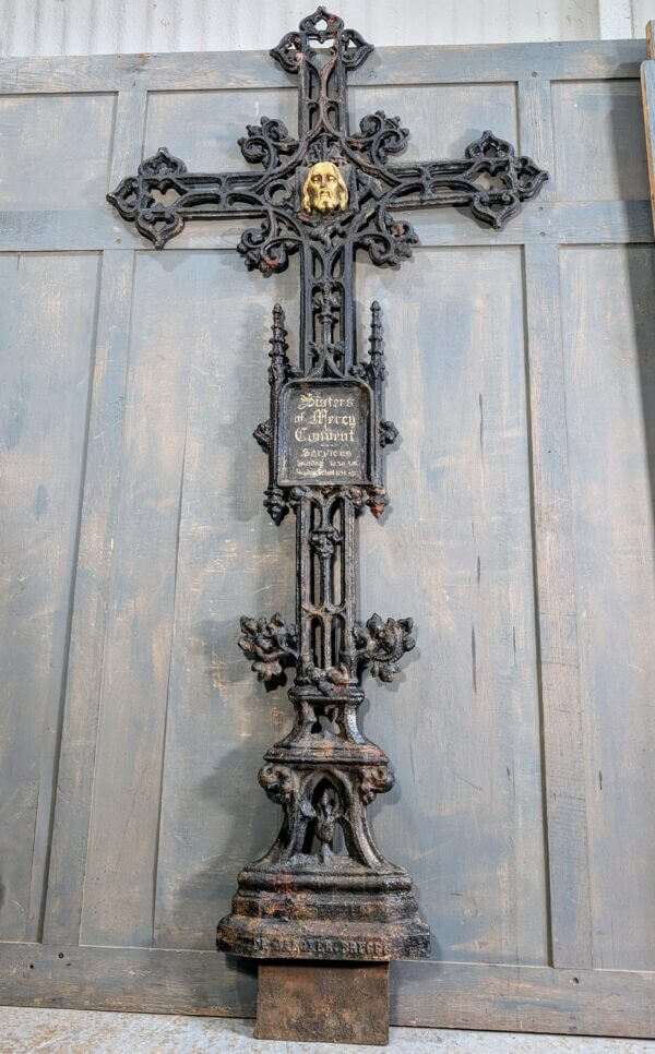 Extremely Large 2.1 Meter High Belgian 19th Century Cast Iron Cross Crucifix with Name Plate