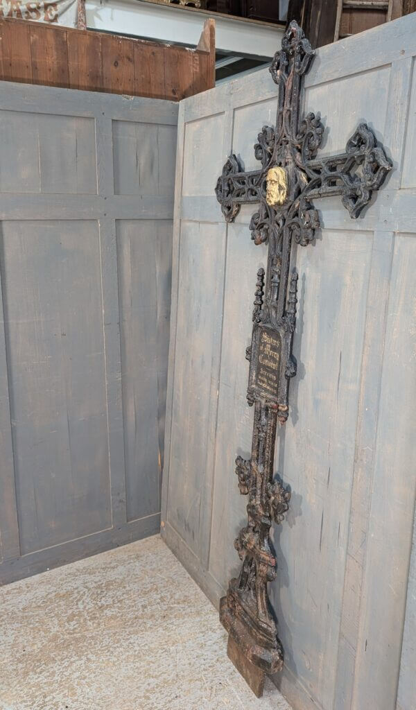 Extremely Large 2.1 Meter High Belgian 19th Century Cast Iron Cross Crucifix with Name Plate