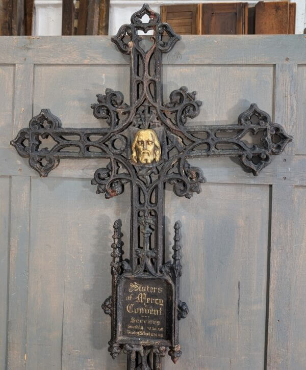 Extremely Large 2.1 Meter High Belgian 19th Century Cast Iron Cross Crucifix with Name Plate