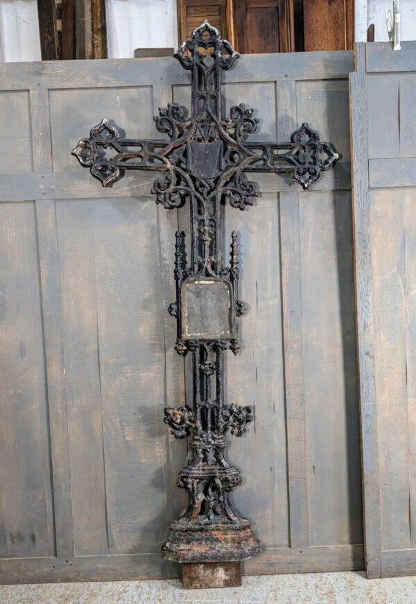 Extremely Large 2.1 Meter High Belgian 19th Century Cast Iron Cross Crucifix with Name Plate