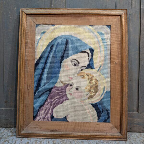 Mid Century Embroidery Picture of Madonna And Child From North Wales