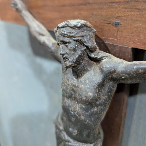 Heavy Antique French Wall Hanging Crucifix with Iron Corpus & Mahogany Cross